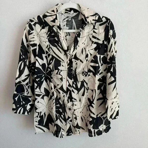 Harve Benard Woman's Black Beige Floral Linen Blend Button Up Blouse Size L - Picture 1 of 11